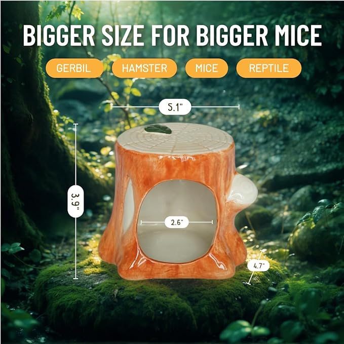 Hamster Hideout, Ceramic Tree Stump Shape Larger Hamster House and Habitats, Hamster cage Accessories, Cool Bed Ideal for All Season Syrian Hamster Dwarf Hamster Gerbil Mice Golden Bear
