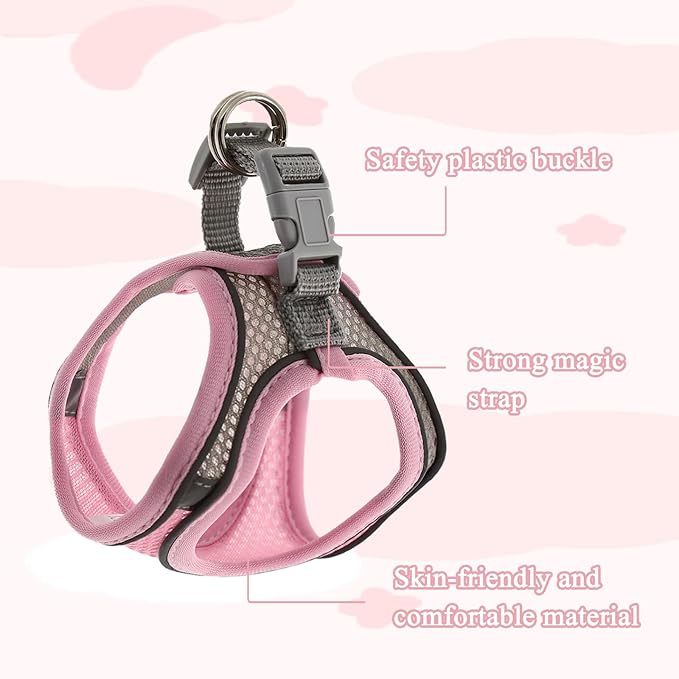 Rabbit Harness and Leash Set, Breathable Pet Vest, Bunny Harness with Reflective Strips, Soft Mesh for Small Kitten, Puppy, Rabbit and Small Animals(Pink)