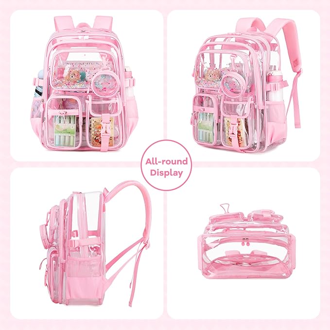 Clear Backpack for Girls School Clear Bookbag Stadium Events Heavy Duty Transparent Back Pack, Pink