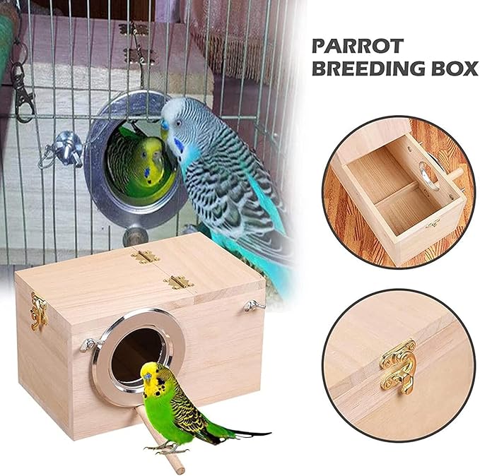 Parrot Breeding Box Wooden Bird Right Opening Incubator Warm House for Finches Bluebirds Sparrows Parakeets Lovebirds Pet Bird House Nest Box Bird Budgie Wood Breeding Box for Parrotlets Mating Box