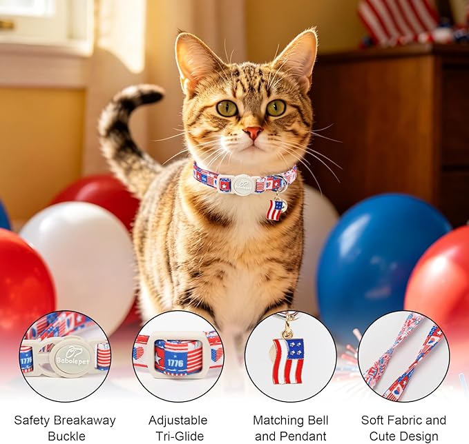 2 Pack 4th of July Cat Collars - Blue Retro Checkerboard Flag 1776 & Pink Patriotic Breakaway Cat Collars, Adjustable Soft Boy Girl Kitten Collar for Small Dogs Puppy with Bell & Pendant