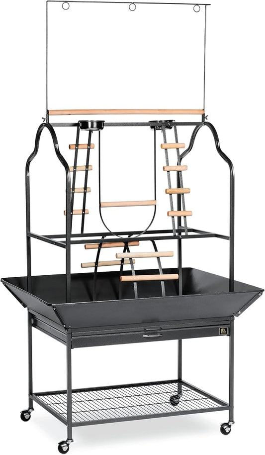 Prevue Pet Products Parrot Play Stand with Wheels - Rolling Bird Stand Play Center with Perches and Ladders, Indoor & Outdoor Playground for Birds with Swing, Enrichment Accessories - Black