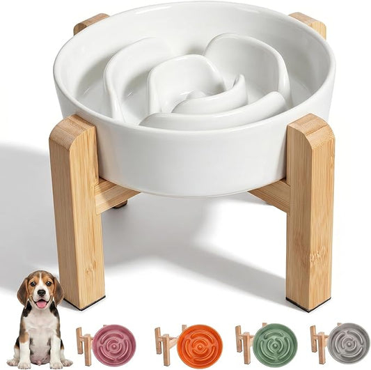 Elevated Slow Feeder Dog Bowl - Ceramic Maze Food Dish with Bamboo Stand - Raised Feeding Bowl for Fast Eaters - Ideal for Small and Medium Dogs - White - 6.7 inch