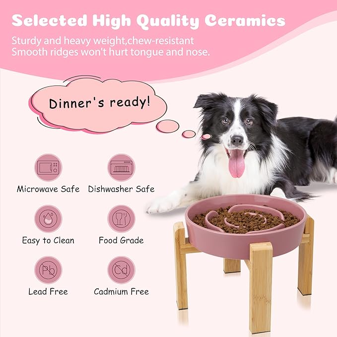 Elevated Slow Feeder Dog Bowl Large Breed, 8.8 Inch Ceramic Slow Eating Bowl with Bamboo Stand, Anti-Choking Raised Maze Design for Medium to Large Dogs, 3.2 Cup, Pink