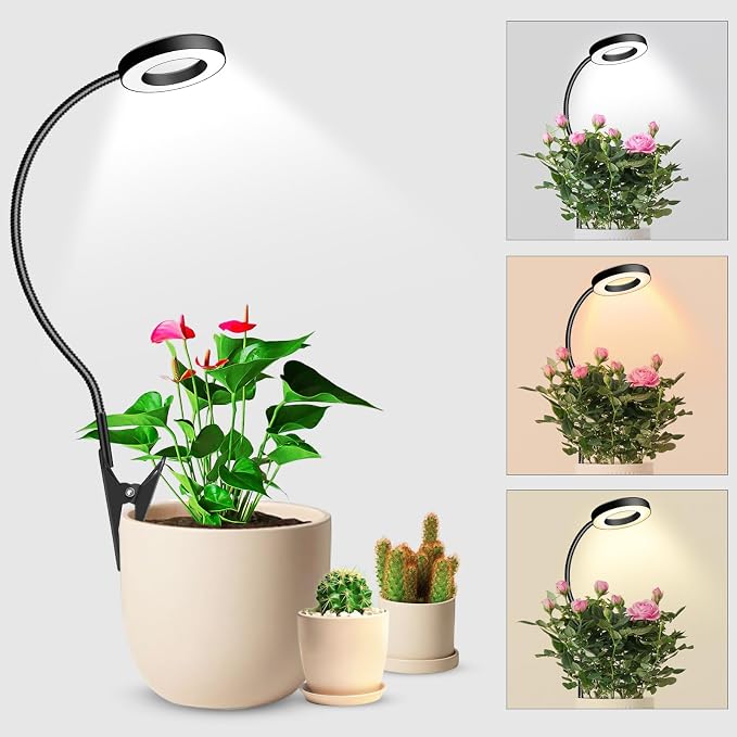 2 in 1 Grow Lights for Indoor Plants, 3 Colors Plant Grow Lights | Plant Lights Indoor Growing with 360° Gooseneck, 48 LEDs Full Spectrum Grow Light, 6/12/16H Timer, 5 Brightness, Black 1 Pack