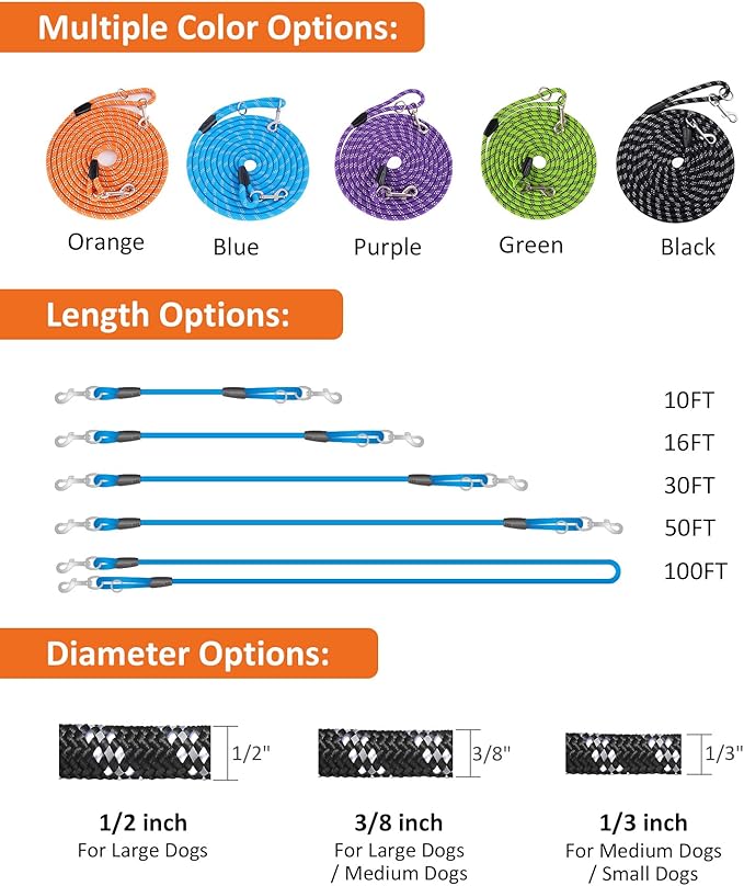 Long Dog Leash for Training - 16FT/30FT/50FT/100FT, Reflective Rope Check Cord, Heavy Duty for Large, Medium, Small Dogs - Walking, Playing, Camping, Yard