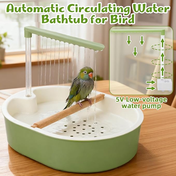 Parrot Shower for Cage, Automatic Parakeet Bird Bath with Circulating Water, USB Charging Quiet Pump Detachable Bathtub, for Small & Medium Birds Budgie, Cockatiel, Lovebird, Conure, Parrotlet, Quaker
