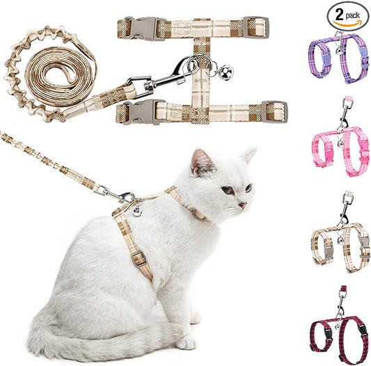 BEAUTYZOO Cat Harness and Leash Set Escape Proof for Walking, Kitten Soft Adjustable Vest Harnesses for Small Medium Large Cats, Easy Control Breathable Plaid Ribbon Nylon for Outdoor Indoor Use