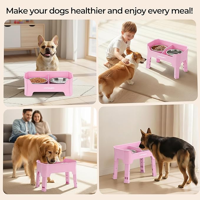 URPOWER Mess Proof Elevated Dog Bowls 4 Height Adjustable Raised Bowl Stand with 2 Stainless Steel Dog Bowls Non-Slip Food and Water Bowl Set for Small, Medium, Large Dogs, Pink