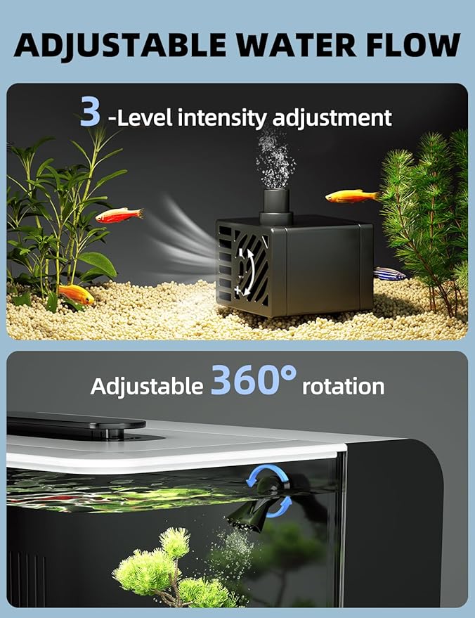 2.5 Gallon Fish Tank Kit with Heater for Betta, Shrimp, Guppy, Acrylic | Dry-wet Separation Filtration, Self-cleaning, Ultra-quiet, 3 Color Light, 10 Brightness, Adjustable Water Flow, Round Corner