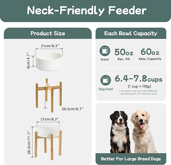 Havniva Ceramic Raised Dog Bowl Set, Elevated Dog Bowl with Stand, Food and Water Bowl for Large Breed Dogs, Weighted Pet Dishes(8.2'',60OZ, White)