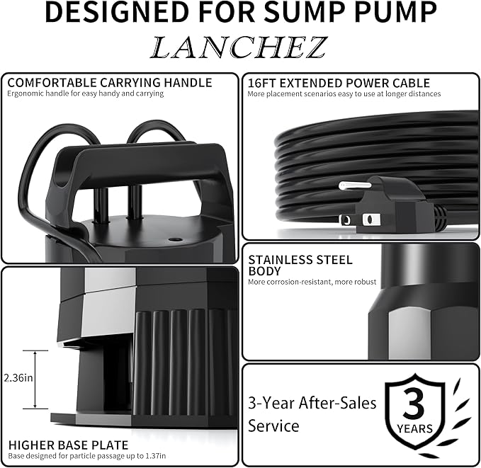 LANCHEZ 1.6HP 6000GPH Sump Pump, High Flow Submersible Water Pump with Float Switch, Automatic Transfer Water Pump for Swimming Pool Basement Flooded Pit Sewage Sink Tub, Black