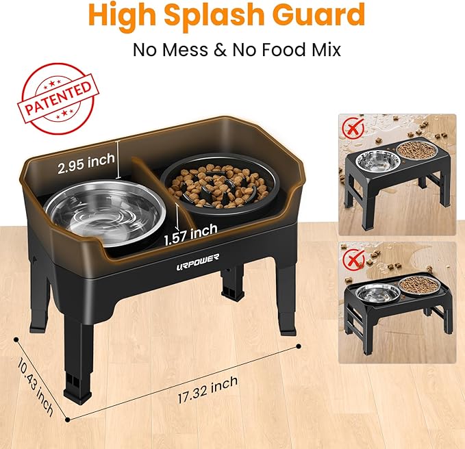 URPOWER 3-in-1 Elevated Dog Bowls - Mess Proof Double Deck 4 Height Adjustable Raised Stand with Stainless Steel Bowl & Slow Feeder Bowl for Small, Medium & Large Dogs