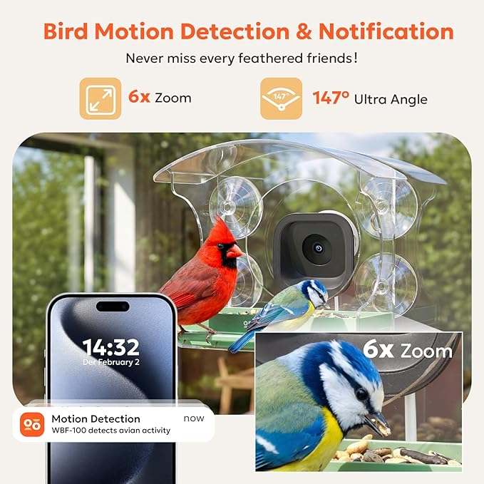 owltron Window Bird Feeder with Camera, 2K 3MP Window Bird Friends Feeder with AI Identify 10000+ Birds 2.4/5GHz WiFi 24/7 Live View Recording 147°Ultra Angle for Elderly Parents, Kids, Birding Lovers