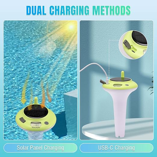 Raddy PT-5 Solar Floating Pool Thermometer, Waterproof Display | Solar & battery powered, easy read digital screen, for swimming pools, hot tubs, spas