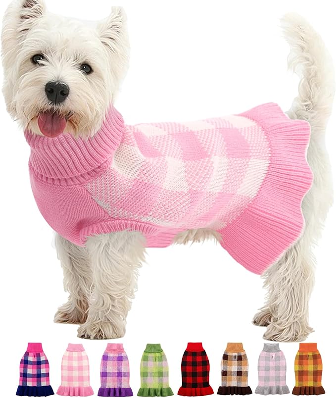 Dog Sweater Dress Plaid Knitwear for Small Medium Dogs Warm Puppy Pet Turtleneck Stretch Pullover Cute Fall Winter Vest Clothes with Leash Hole for Christmas (Pink, 2XS)