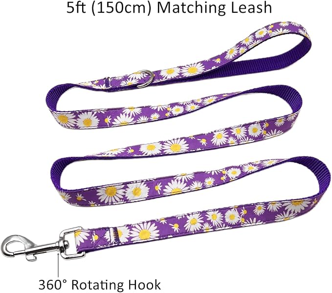 Dog Collar Leash Set, Floral Pattern, Nylon Webbing Plus Cotton Ribbon, 5ft Matching Leash, for Large Dogs.(L, Purple Daisy)