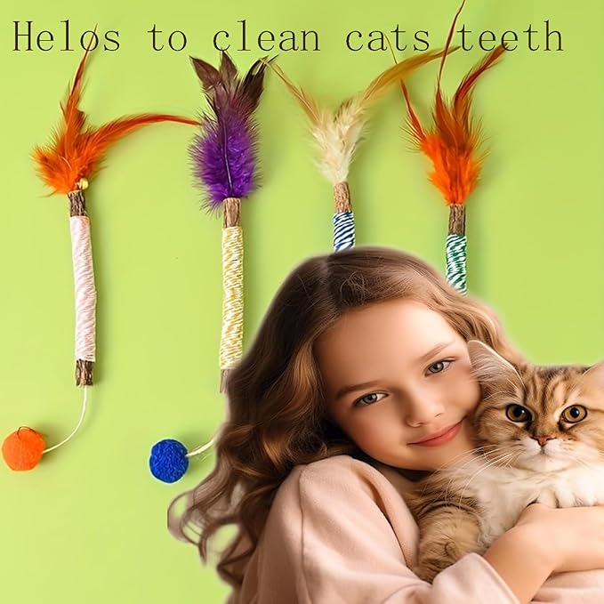 Vintage & Haven ﻿ 4 Pcs Natural Silvervine Sticks Cat Toys, Feather Style, Kittens Chew Toys for Teeth Cleaning, Matatabi Dental Care Cat Treat, Consumable Kitty Lick Toys