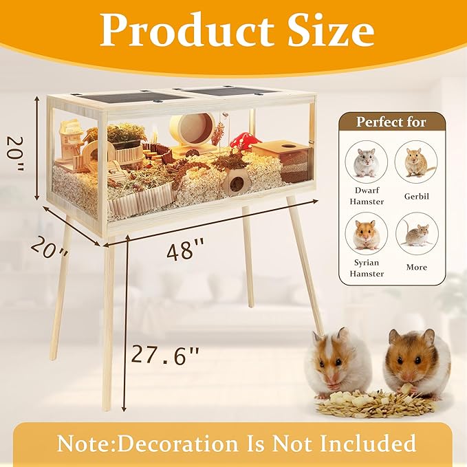 PROLEE Hamster Cage Chewproof, Mice and Rat Habitat with Transparent Sides, Hamster Cage with Openable Mesh Top, Solid Built with Lock Design and Leg Stand, 48" inch