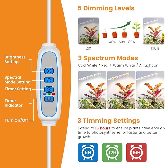 Kullsinss Clip-on Grow Lights for Indoor Plants, 57 LEDs 10W Plant Light | Full Spectrum Growing Lamp with Timer & Dimmable, White Gooseneck Plant Lamp for Succulents, Seed Starting, Easy to Use & Set
