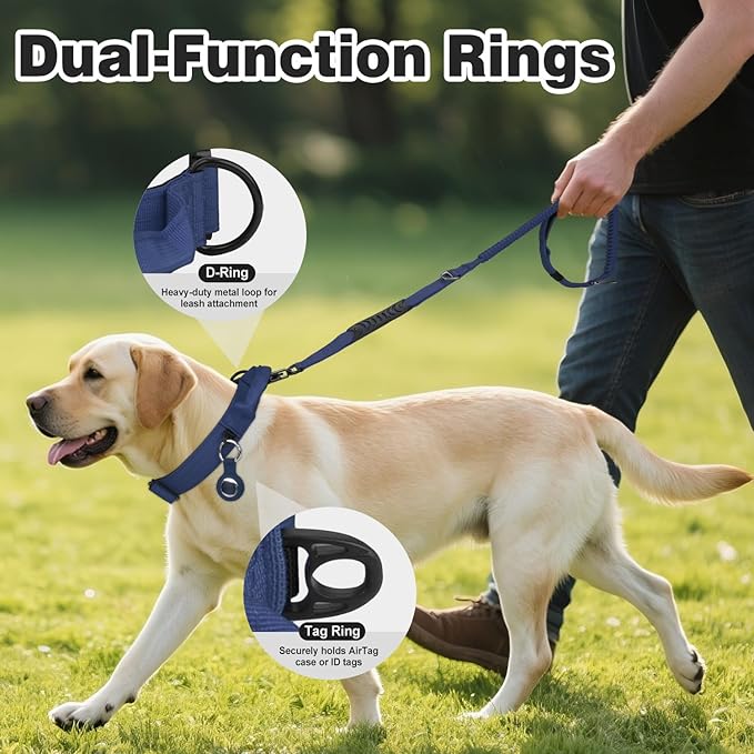 Joytale Tactical Dog Collar for Large Dogs with Control Handle, Heavy Duty Military Training Collar for Power Breeds, AirTag Holder Case, Quick Release Metal Buckle, Soft Padded, L, Navy Blue