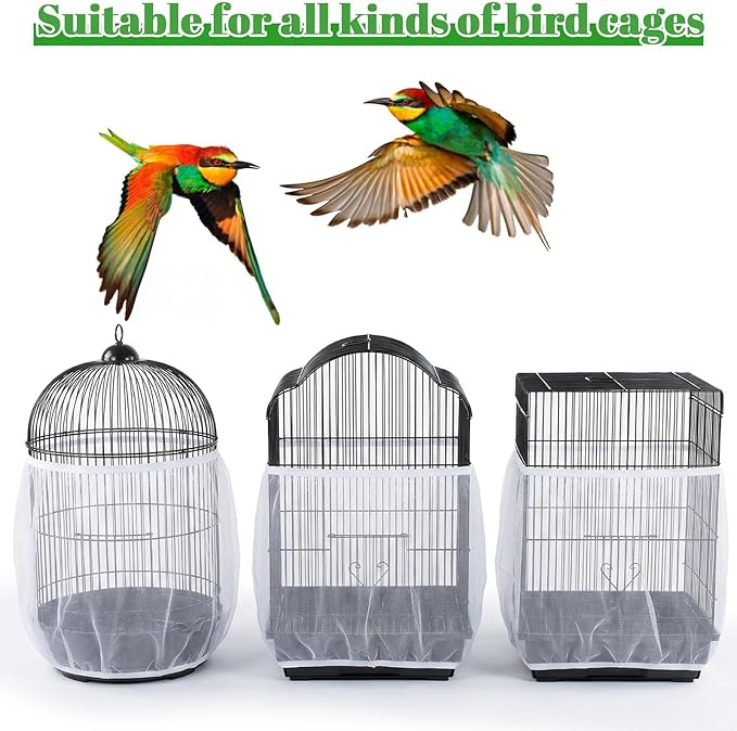 Bird Cage Netting Seed Catcher, White Adjustable Large Bird Cage Seed Catcher Stretchy Birds Cages Cover, Easy to Install, Fits Most Cages, Ideal for Parrots Enclosures