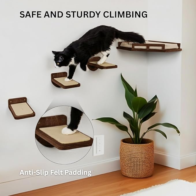 INICIO Cat Wall Shelves - Safe and Sturdy Cat Wall Furniture - Stylish Natural Wood Corner Shelf with 3 Steps for Cats up to 15lbs - Cushioned Perch and Stairs for Climbing and Playing - Dark Brown