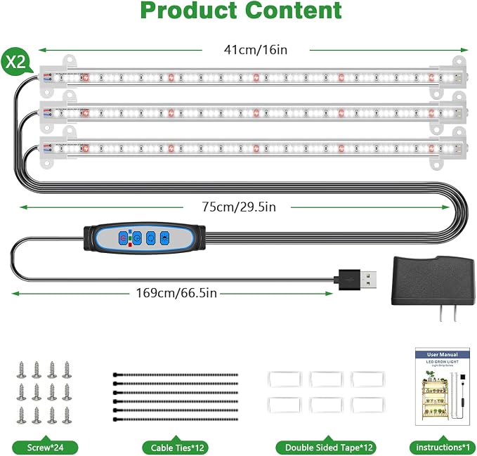 Wiaxulay 16in Grow Lights for Indoor Plants, 6000K Strip Full Spectrum 15W | 3 Bars 2 Pack, LEDs Sunlike Growing Lamp with 6/12/16H, 3 Switch Modes, 5 Dimmable Levels for Hydroponics Succulent Seedling