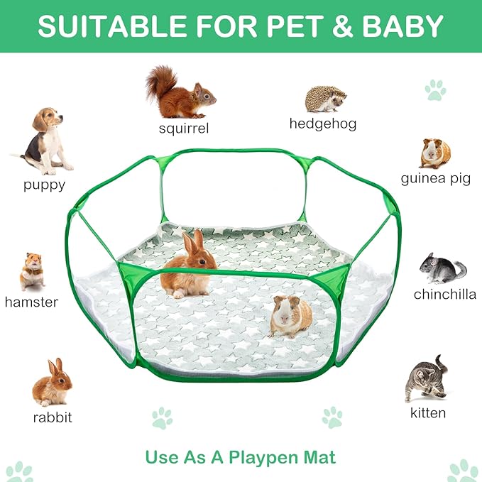 VitalCozy Hamster Playpen with Mat Small Animal Cage Tent Breathable Transparent Guinea Pig Playpen Waterproof Portable Yard Fence Mat Foldable Exercise Cage Outdoor Indoor (Green,Star)