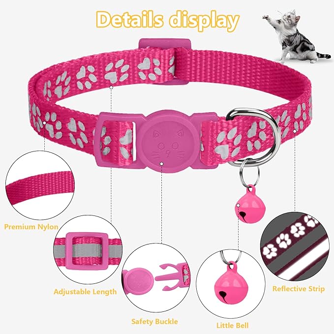 Taglory Kitten Collar Breakaway with Bell, Reflective Soft Cat Collar for Small Kittens, Adjustable 6-8 Inch High Visibility Night Strip, Lightweight for 2-6 Months Baby Cats, 2 Pack, HotPink