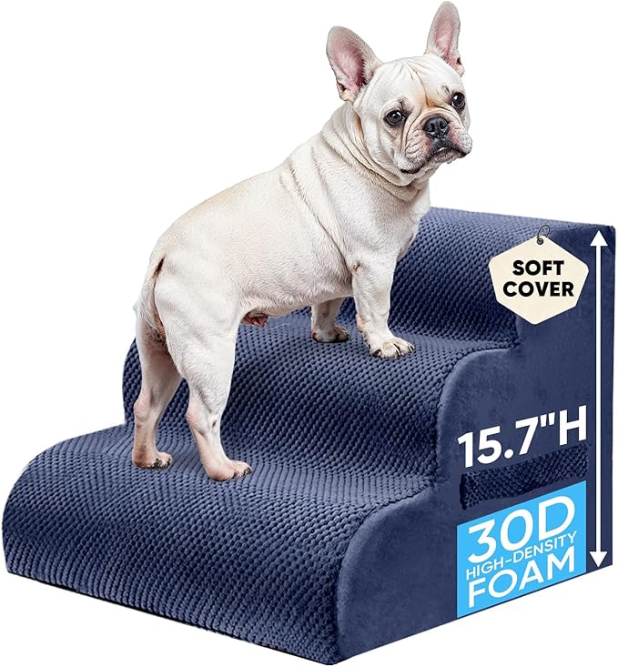 PAWSCRAT Pet Stairs for Dogs 3-Step, 15.7" H Pet Stairs for High Bed, Couch Sofa & Chair, 30D Material Soft Foam Dog Steps with Non-Slip Bottom Surface Removable Washable Cover, Blue