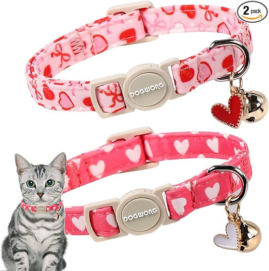 Valentine's Day Cat Collar,2 Pack Cat Collars Breakaway with Bell, DOGWONG Safety Buckle Cat Collar Blue Heart for Girl Boy Cats and Small Dogs，Adjustable 7-12 Inch,Pet Supplies Accessories