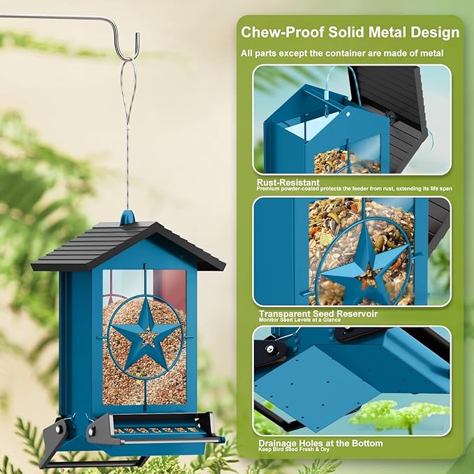 Squirrel Proof Bird Feeders for Outdoors with Weight-Activated, Metal 5LB Large Wild Bird Feeders for Cardinals,Blue Jay,Finch, Weatherproof Durable Hanging Bird Feeder for Backyard,Garden (Blue)