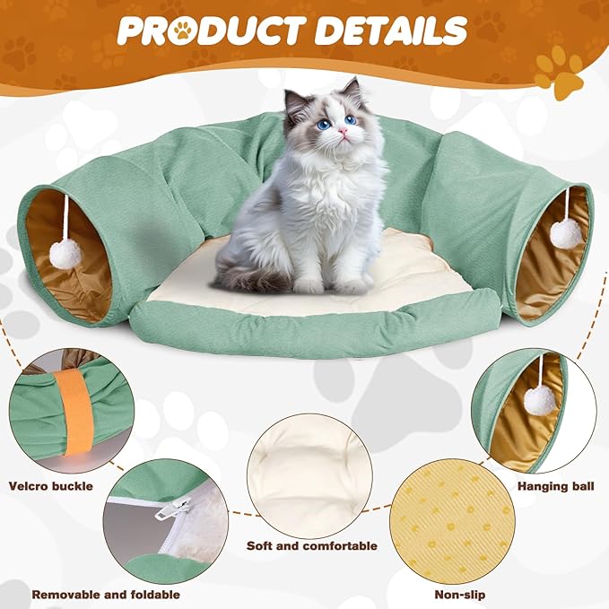 Spardar Bunny Tunnel Bed, 2-in-1 Collapsible Tunnel Tubes Toys, Washable, with Removable Mat Hideout, Interactive Toys for Rabbits Chinchilla Hedgehog Guinea Pigs Kitty, Matcha Green