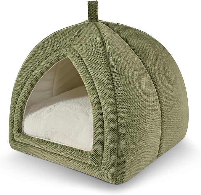 Amazon Basics Cat Cave Bed, 2-in-1 Foldable House for Indoor Cats, with Washable Cushion and Non-Slip Base, 17.5 x 17.5 Inches, Large, Green