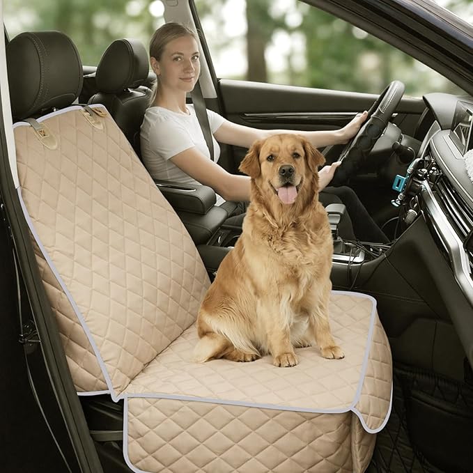 Bark Lover Deluxe Dog Seat Cover for Front Seat-More Durable Waterproof Front Seat Protector, High Heat Resistant and Nonslip Front Seat Cover for Dogs Kids, Universal Size (Beige MAT)