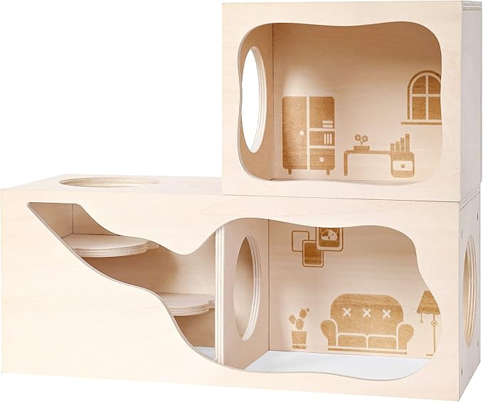 Hamster Hideout Wooden House Chamber Small Animals Pets Tunnel Exploring Toys Secret Peep Shed for Dwarf Hamsters, Syrian Hamsters, Gerbils, Hedgehogs, Rats, Mice (Study Room)