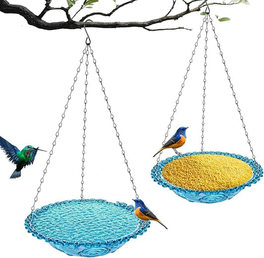 4 Pack Hanging Bird Baths Bowl Outdoor Bird Feeder 15.7 Inch Metal Chains, Weather-Resistant Hanging Bird Feeder & Bath Tray for Garden, Patio, Backyard Wildlife Decor (2P Blue)