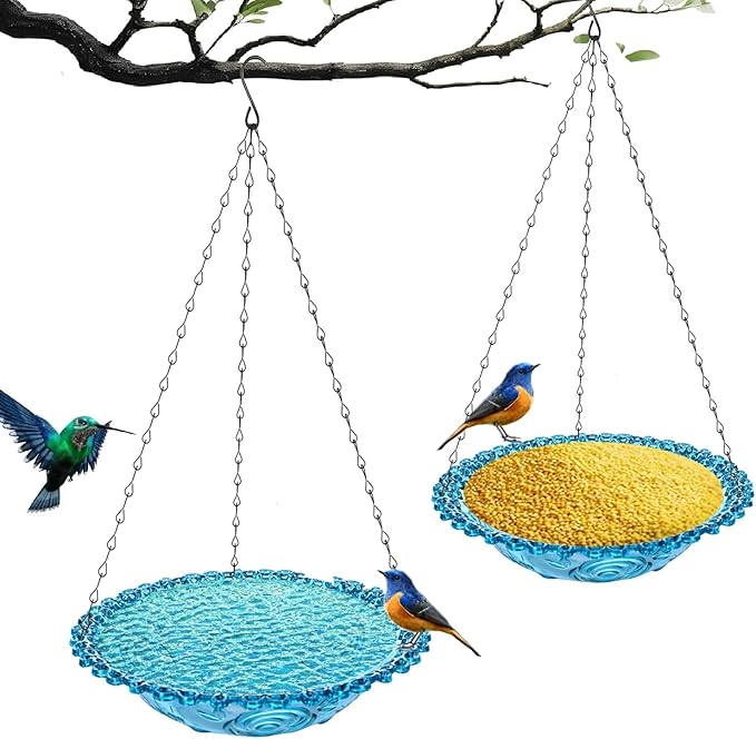 2 Pack Hanging Bird Bath for Outdoors, Multi-Functional Bird Feeder & Water Station, Plastic Bird Bath Bowl with Chain Hook for Garden Yard Patio