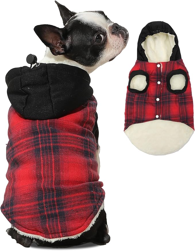 Vecomfy Fleece Lining Dog Hoodie for Small Dogs Extra Warm Plaid Sweater with Drawstring Hooded Coats in Winter Puppy Jacket,Red XS