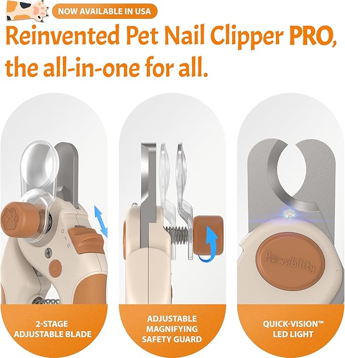 Pawsibility Pet Nail Clipper PRO 2026 - Quick-Vision LED Light | 2-Stage Adjustable Professional-Grade Blade | Adjustable Magnifier Safety Guard - for Cats, Small, Medium and Large Dogs - Brown