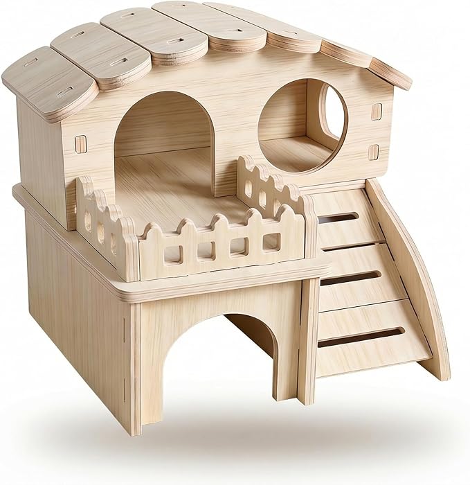 Multi-Chamber Hamster Hideout & House, Natural Wood Small Animal Cage Accessories for Dwarf Hamsters, Gerbils and Mice – Ventilated Design with Structure (Model 2)