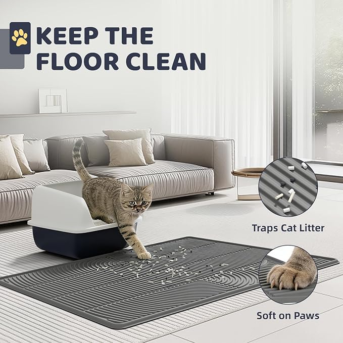 Cat Litter Mat 40"x28" - Soft Silicone & Leak-Proof Large Litter Mat, Non-Slip Cat Litter Trapping Mat for Multiple Cats, Easy to Clean & Durable for All Types (Gray)