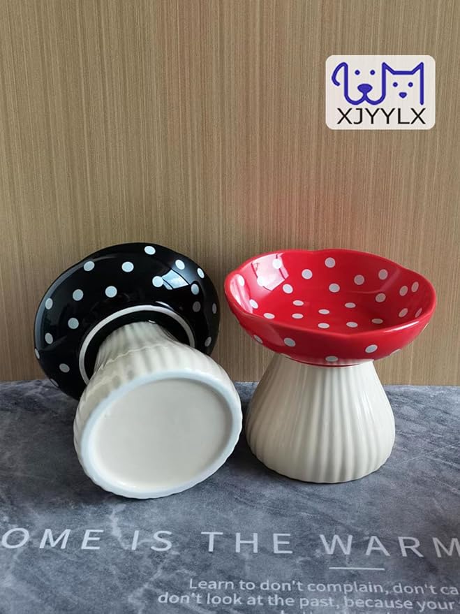 Elevated Mushroom Cat Bowls Ceramic, Raised Cat Bowls for Indoor Cats, Cute Whisker Fatigue Cat Bowl, Raised Dog Bowl Stand for Food and Water, Black 6" Wide for Adult Cats