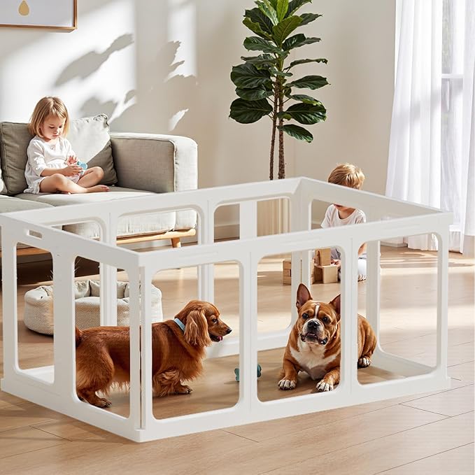 Clear Acrylic Dog Playpen - 50 x 33.4 Inch, 24" H 10 Planes Transparent Dog Fence Indoor, Sturdy Pet Pen for Puppy/Small Dog/Rabbit/Pig, Easy Assemble & Cleaning Plastic Whelping Box Enclosure, White