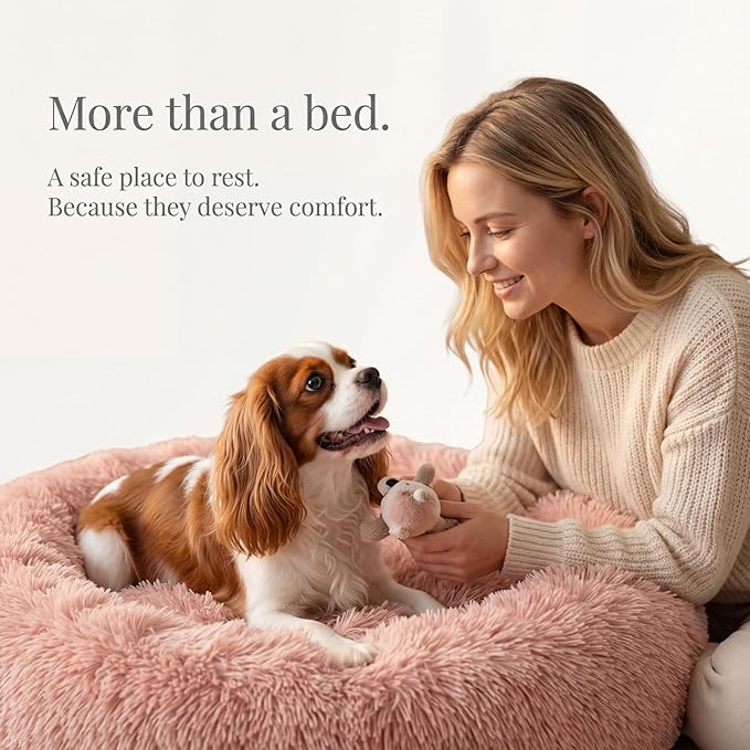 Calming Dog Bed for Medium Dogs Washable Donut 30 inches Anti-Slip Pet Bed,Round Fluffy Plush Faux Fur Cat Bed,Fits up to 45 lbs Pets,Pink