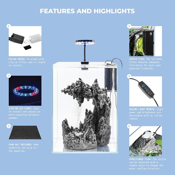 Sand Waterfall Tank Kit - Silent Operation Falling Sand Fish Tank w/LED Light and Self Cleaning Filtration - Desktop Rimless Starter Aquarium Kit, Just Add Plants - 9.51GAL | 36L (C1)