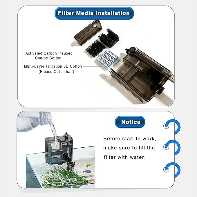 Slim Aquarium Filter, Quiet Fish Tank HOB Filters for up to 5 Gallon Aquariums, 300L/H Adjustable Flow