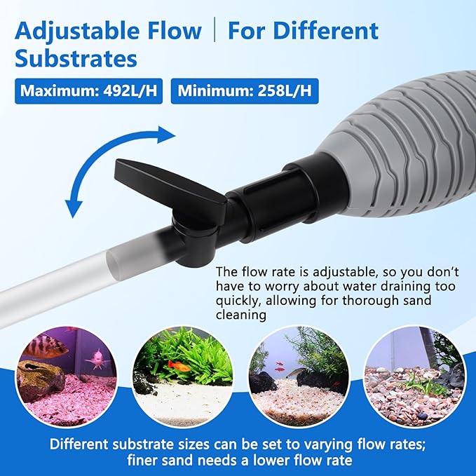 AQQA Gravel Vacuum for Aquarium Siphon - Adjustable Flow Fish Tank Cleaner with Handle, Manual Siphon Pump Water Changer Sand Rock Suction Cleaner, Upgraded Hard Hose with Threaded Connection (L)
