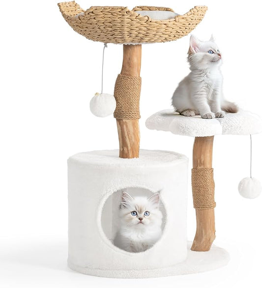Easyego Modern Cat Tree, 26.3" Aesthetic Wood Cat Tree Tower, Luxury Cat Condo with Scratching Posts and Flower Platforms, Cat Furniture, Pure White